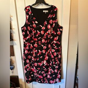 Kasper Sleeveless Black with Pink Floral Print Sheath Dress. 22W